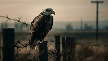 Calvo aquila perching su ramo, indietro illuminato generato di ai foto