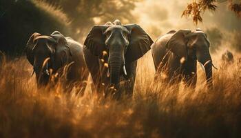 grande mandria di africano elefanti a piedi a crepuscolo generato di ai foto