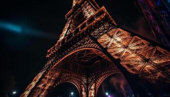 maestoso eiffel Torre si illumina Parigi a notte generato di ai foto