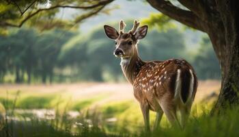 carino daino pascolo nel verde prato generato di ai foto