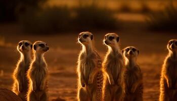 piccolo gruppo di suricati in piedi mettere in guardia nel natura generato di ai foto