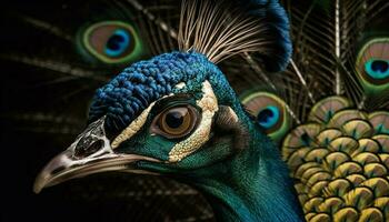 maestoso pavone viene visualizzato vivace Multi colorato piuma modello generato di ai foto