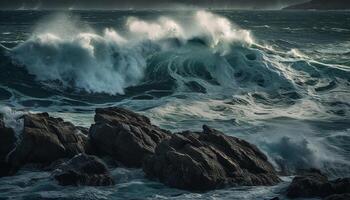 rottura onde schianto su roccioso costa, spruzzatura schiuma generato di ai foto