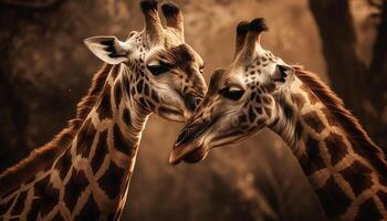 macchiato giraffa vitello in piedi nel africano natura selvaggia generato di ai foto