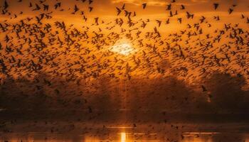 raggiante animale silhouette volante nel vivace tramonto generato di ai foto