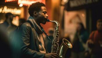 giovane sassofonista soffiaggio blues su palcoscenico all'aperto a notte generato di ai foto