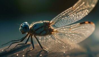 vivace libellula riposa su bagnato verde foglia generato di ai foto