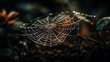 ragno ragnatela luccica con rugiada nel autunno generato di ai foto