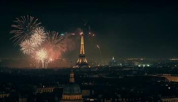 raggiante paesaggio urbano illuminato di Multi colorato fuochi d'artificio che esplode generato di ai foto