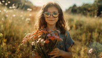 sorridente giovane donna gode natura bellezza all'aperto generato di ai foto