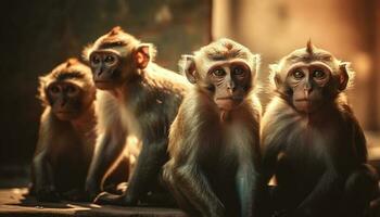 piccolo carino macaco famiglia seduta nel foresta generato di ai foto