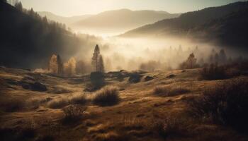 Alba al di sopra di nebbioso foresta, autunno tranquillo bellezza generato di ai foto