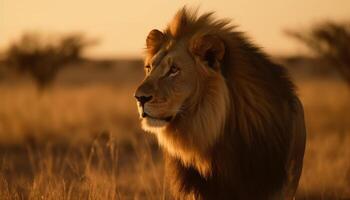 maestoso leonessa a piedi attraverso africano savana a crepuscolo generato di ai foto