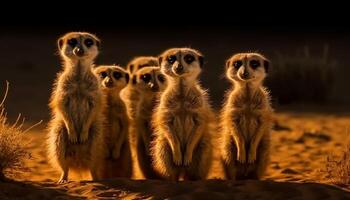 piccolo meerkat famiglia seduta nel un' riga, mettere in guardia generato di ai foto