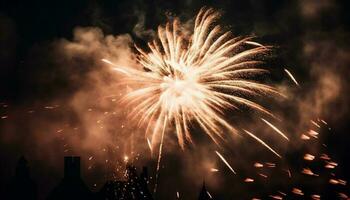 esplosivo fuochi d'artificio leggero su il buio notte generato di ai foto