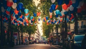 affollato città strada illuminato di Multi colorato lanterne generato di ai foto