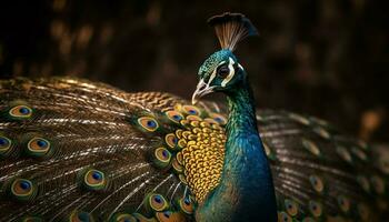 maestoso pavone visualizzazione vivace Multi colorato piume all'aperto generato di ai foto