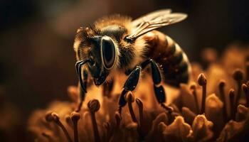 occupato miele ape impollina giallo fiore all'aperto generato di ai foto