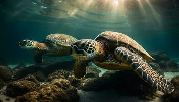 subacqueo tartaruga nuoto nel idilliaco tropicale scogliera generato di ai foto