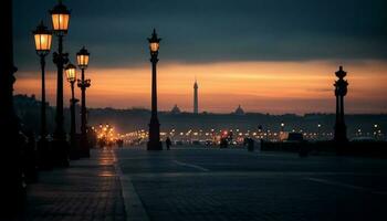 silhouette di famoso minareto indietro illuminato a crepuscolo generato di ai foto