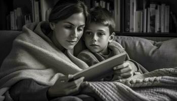 famiglia lettura su digitale tavoletta nel comfort generato di ai foto