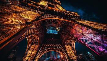 maestoso eiffel Torre si illumina Parigi a notte generato di ai foto