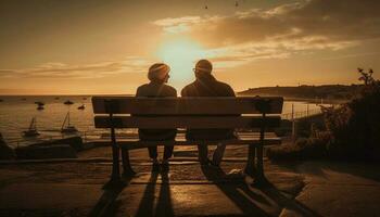 romantico coppia seduta su panchina a tramonto generato di ai foto