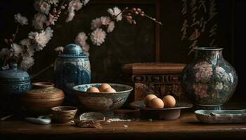 rustico ceramica vaso su di legno tavolo sfondo generato di ai foto