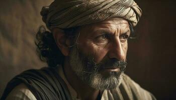 anziano indiano uomo con turbante, grave espressione generato di ai foto