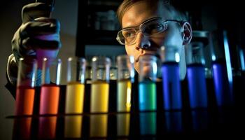 scienziato analizzando liquido concentrazione nel test tubo generato di ai foto