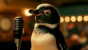 pinguino cantante esegue su palcoscenico con microfono generato di ai foto