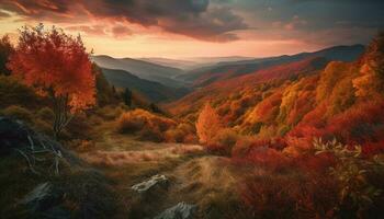 vivace autunno paesaggio maestoso montagna, giallo albero generato di ai foto