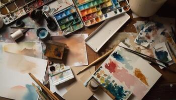 vivace colori su disordinato tavolo, artista Lavorando in casa generato di ai foto