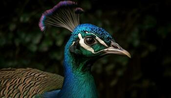 maestoso pavone viene visualizzato vivace Multi colorato piuma bellezza generato di ai foto