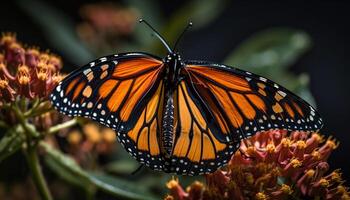 vivace monarca farfalla impollina giallo fiore all'aperto generato di ai foto