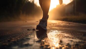 uno persona jogging all'aperto nel natura luce del sole generato di ai foto