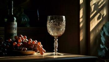 lusso vino bottiglia su rustico tavolo in casa generato di ai foto