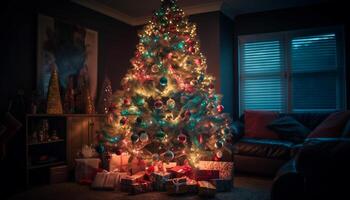 raggiante Natale albero si illumina famiglia allegro casa generato di ai foto