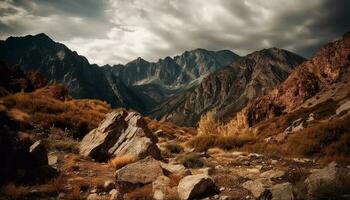 maestoso montagna picco, tranquillo prato, giallo luce del sole generato di ai foto