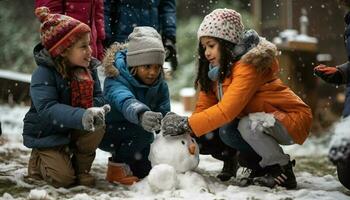 bambini giocando nel il neve, puro felicità generato di ai foto