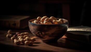 salutare merenda ciotola noccioline, frutta, biologico freschezza generato di ai foto