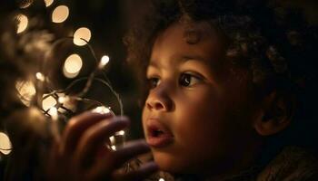 carino bambino piccolo Tenere regalo, sorridente a Natale albero generato di ai foto