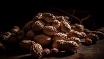 biologico noccioline nel rustico di legno guscio di noce sfondo generato di ai foto