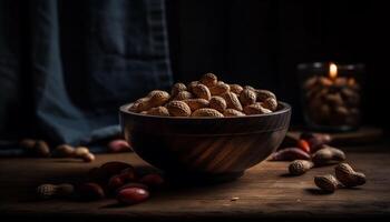 salutare noccioline nel un' rustico di legno ciotola generato di ai foto