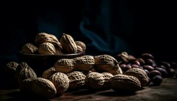 biologico noccioline su legna tavolo, salutare merenda generato di ai foto