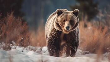 maestoso grizzly orso a piedi nel nevoso natura selvaggia generato di ai foto