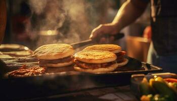 grigliato hamburger su fatti in casa pane, cucinato perfettamente generato di ai foto