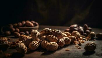 nocciola spuntini nel un' di legno ciotola mucchio generato di ai foto