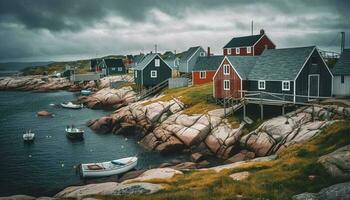 tranquillo pesca villaggio su a distanza norvegese costa generato di ai foto