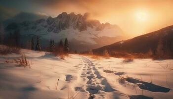 maestoso montagna gamma, tranquillo tramonto, giallo luce del sole generato di ai foto